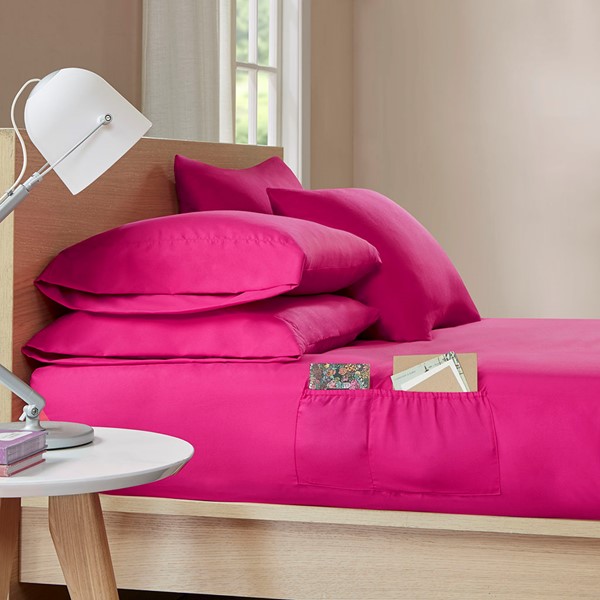 Intelligent Design Microfiber Sheet Set with Side Storage Pockets in Pink, Twin XL ID20-1459