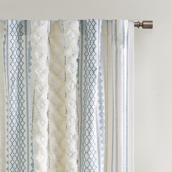 INK+IVY Imani Cotton Printed Curtain Panel with Chenille Stripe and Lining in White/Navy, 50x95" II40-1295