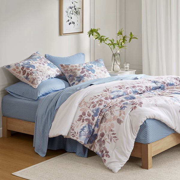 Madison Park Essentials Luna Floral Comforter Set with Bed Sheets in Blue, Twin MPE10-1058