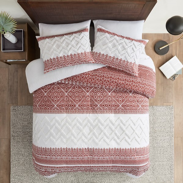 INK+IVY Mila 3 Piece Cotton Duvet Cover Set with Chenille Tufting in Auburn, Full/Queen II12-1317