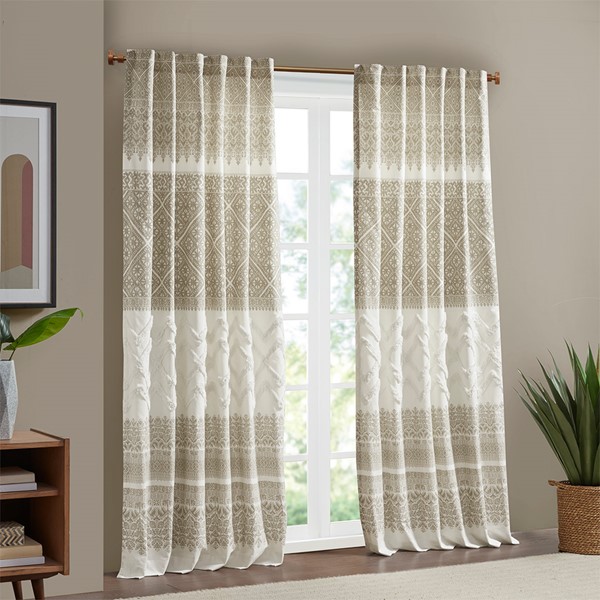 INK+IVY Mila Cotton Printed Curtain Panel with Chenille detail and Lining in Taupe, 50x84" II40-1183