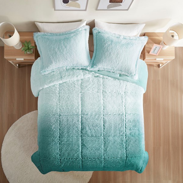 Intelligent Design Brielle Ombre Shaggy Long Fur Comforter Mini Set in Aqua, Twin/Twin XL ID10-2149