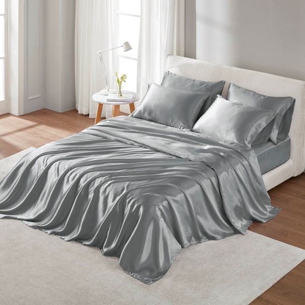 Madison Park Essentials Satin Luxury Sheet Set in Grey, Split King MPE20-1111