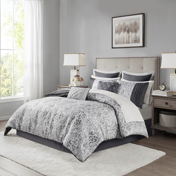 Madison Park Emilia 12 Piece Jacquard Comforter Set with Bed Sheets in Silver, King MP10-8438