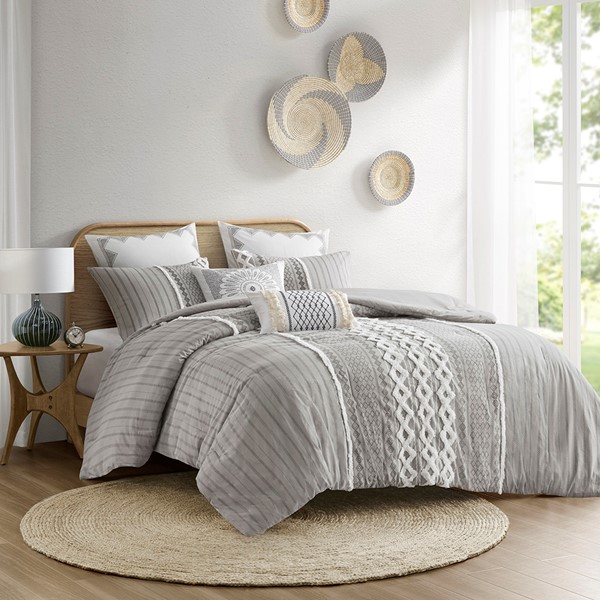 INK+IVY Imani Cotton Printed Comforter Set with Chenille in Gray, Full/Queen II10-1089