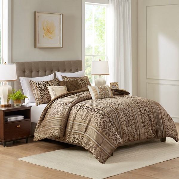 Madison Park Bella 6 Piece Jacquard Comforter Set with Throw Pillows in Brown, Full/Queen MP10-8404