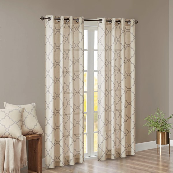 Madison Park Saratoga Fretwork Print Grommet Top Window Curtain Panel in Beige/Grey, 50x63" MP40-1279