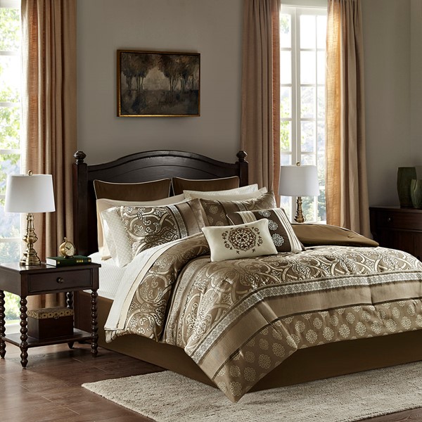 Madison Park Essentials Zara 16 Piece Jacquard Comforter Set with 2 Bed Sheet Sets in Brown, Queen MPE10-795