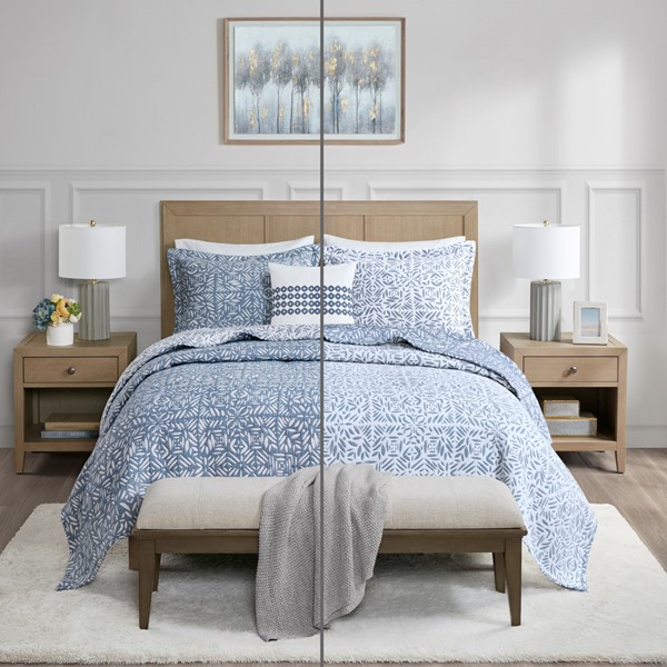 Madison Park Signature Harmony 4 Piece Oversized Reversible Matelasse Quilt Set with Throw Pillow in Blue, King/Cal King MPS13-501