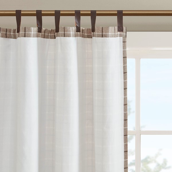 Madison Park Anaheim Plaid Faux Leather Tab Top Curtain Panel with Fleece Lining in Brown, 50x84" MP40-6765