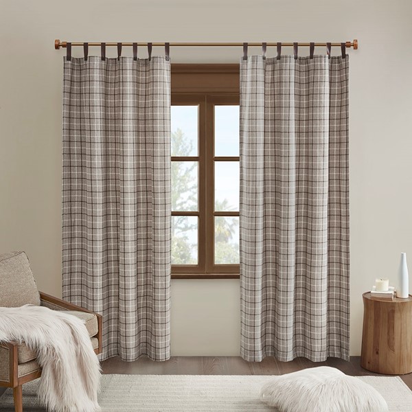 Madison Park Anaheim Plaid Faux Leather Tab Top Curtain Panel with Fleece Lining in Brown, 50x84" MP40-6765