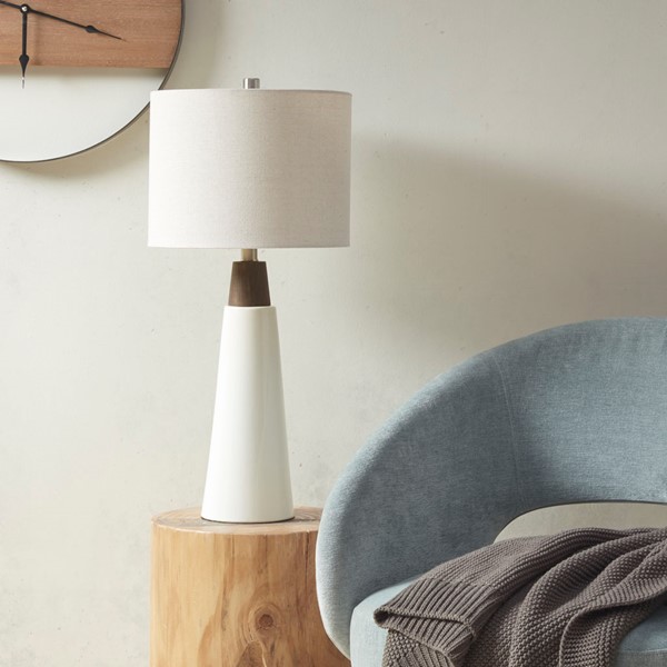 INK+IVY Tristan Triangular Ceramic and Wood Table Lamp in White Base/Cream Shade II153-0129