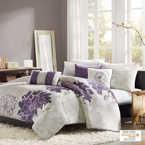 Madison Park Lola 6 Piece Printed Duvet Cover Set in Taupe Grey/Purple, Full/Queen MP12-260