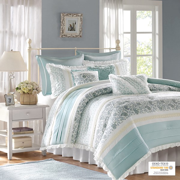 Madison Park Dawn 9 Piece Cotton Percale Comforter Set in Aqua, Cal King MP10-388