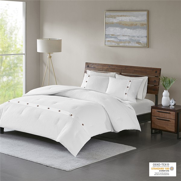 Madison Park Finley 3 Piece Cotton Waffle Weave Comforter Set in White, King/Cal King MP10-5625