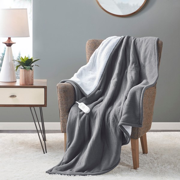 Serta Fleece to Sherpa Heated Throw in Dark Grey, 50x60" ST54-0079