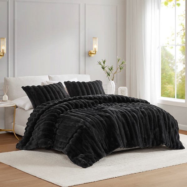 Madison Park Jasmine 3 Piece Faux Fur Comforter Set in Black, King MP10-8443