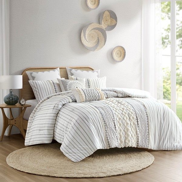 INK+IVY Imani Cotton Printed Comforter Set with Chenille in Ivory, Full/Queen II10-994