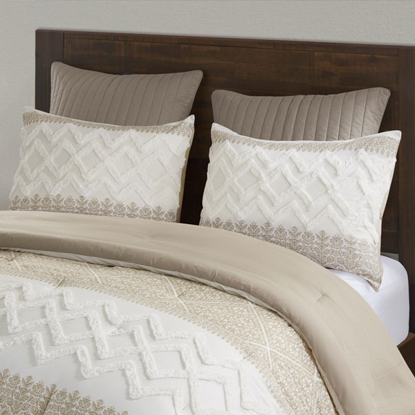 INK+IVY Mila 3 Piece Cotton Comforter Set with Chenille Tufting in Taupe, Full/Queen II10-1124