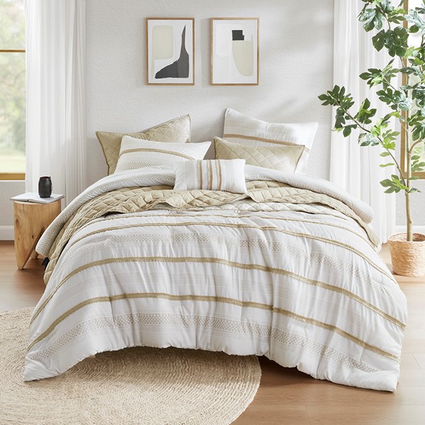 Madison Park Carolina 7 Piece Stripe Comforter and Quilt Set in Taupe, King/Cal King MP10-8489