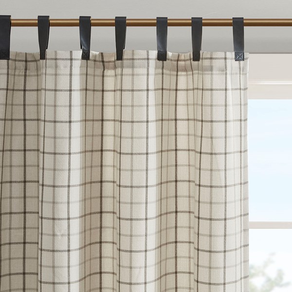 Madison Park Anaheim Plaid Faux Leather Tab Top Curtain Panel with Fleece Lining in Natural, 50x84" MP40-6761