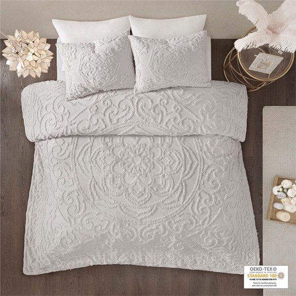 Madison Park Laetitia Tufted Cotton Chenille Medallion Duvet Cover Set in Grey, King/Cal King MP12-5983