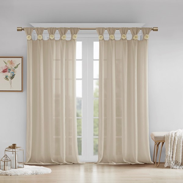 Madison Park Rosette Floral Embellished Cuff Tab Top Solid Curtain Panel in Linen, 50x84" MP40-6830