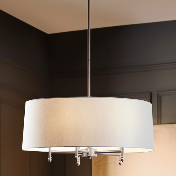 Hampton Hill Presidio 5-Light Dimmable Chandelier with Drum-shaped Fabric Shade & Adjustable Height in Silver/White MPS150-0107