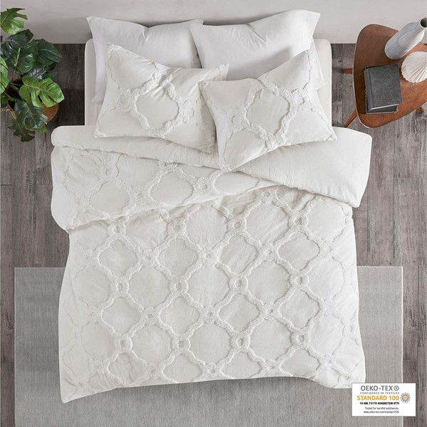 Madison Park Pacey 3 Piece Tufted Cotton Chenille Geometric Duvet Cover Set in Off-White, King/Cal King MP12-5992