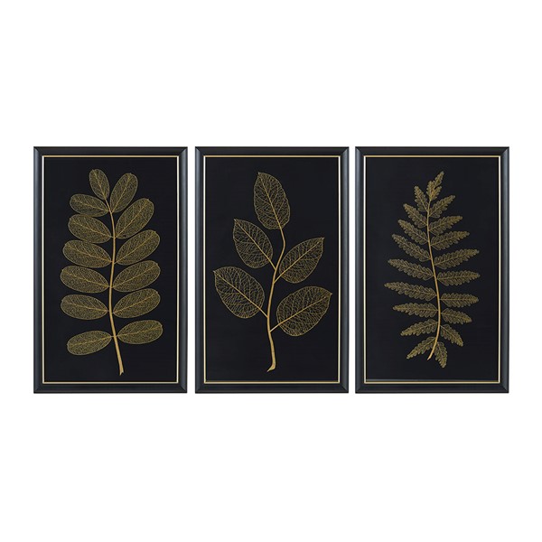 Martha Stewart Gilded Nature Gold Metallic Leaf Panel Framed Graphic Wall Decor 3-Piece Set in Black/Gold MT95G-0081