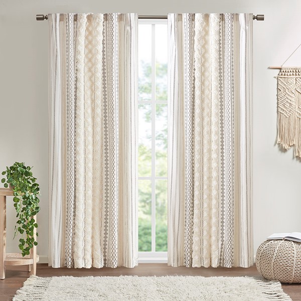 INK+IVY Imani Cotton Printed Curtain Panel with Chenille Stripe and Lining in Ivory, 50x84" II40-1180