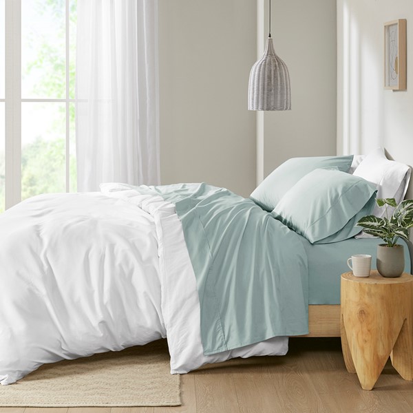 Madison Park 200 Thread Count Relaxed Cotton Percale Sheet Set in Aqua, Queen MP20-5414