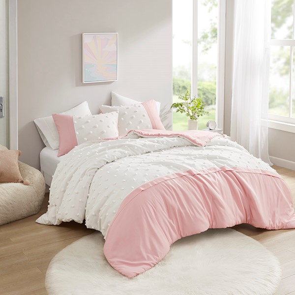 Intelligent Design Shay Colorblock Clip Jacquard Duvet Cover Set in Pink, Full/Queen ID12-2428