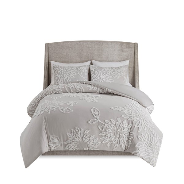 Madison Park Veronica 3 Piece Tufted Cotton Chenille Floral Duvet Cover Set in Warm Grey/White, Full/Queen MP12-6394