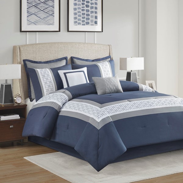 510 Design Powell 8 Piece Embroidered Comforter Set in Navy, Queen 5DS10-0277