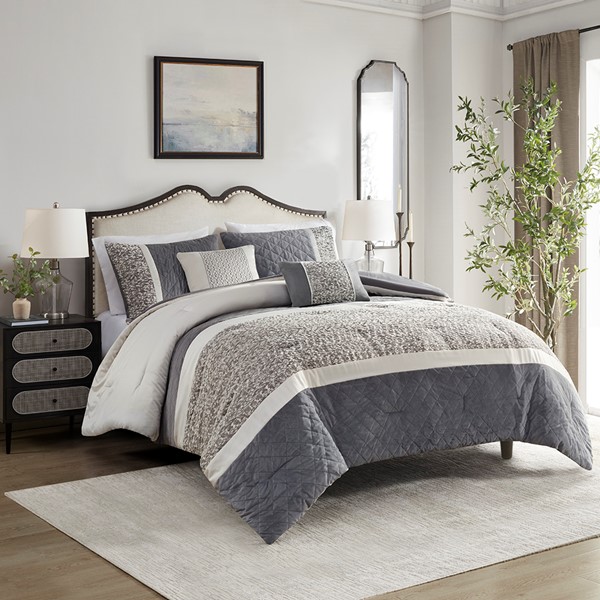 Madison Park Amelia 5 Piece Textured Jacquard Stripe Comforter Set with Throw Pillows in Grey, King/Cal King MP10-8378