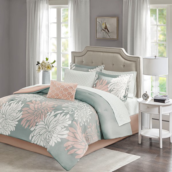 Madison Park Essentials Maible Comforter Set with Cotton Bed Sheets in Blush/Grey, Queen MPE10-861