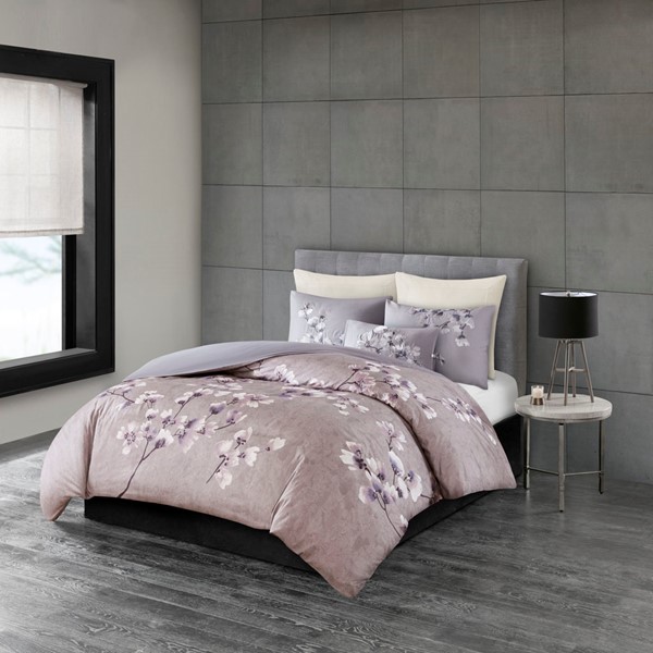 N Natori Sakura Blossom 3 Piece Cotton Sateen Printed Duvet Cover Set in Lilac, Full/Queen NS12-3257