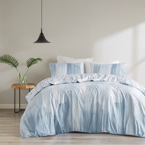 N Natori Brush Stroke 3 Piece Oversized Reversible Seersucker Duvet Cover Mini Set in Blue, Full/Queen NS12-3707