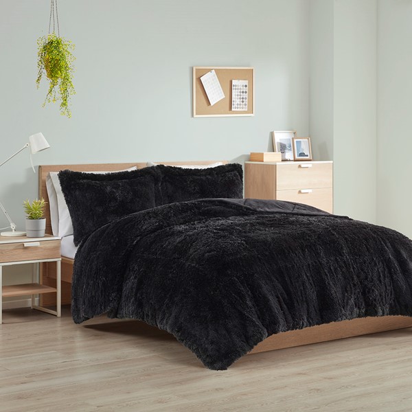 Intelligent Design Malea Shaggy Faux Fur Comforter Mini Set in Black, Full/Queen ID10-1921