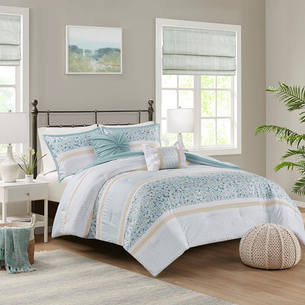 Madison Park Caralie 5 Piece Seersucker Comforter Set with Throw Pillows in Aqua, Full/Queen MP10-8287