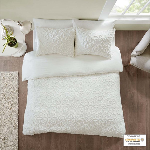 Madison Park Sabrina 3 Piece Tufted Cotton Chenille Duvet Cover Set in Off-White, King/Cal King MP12-6104