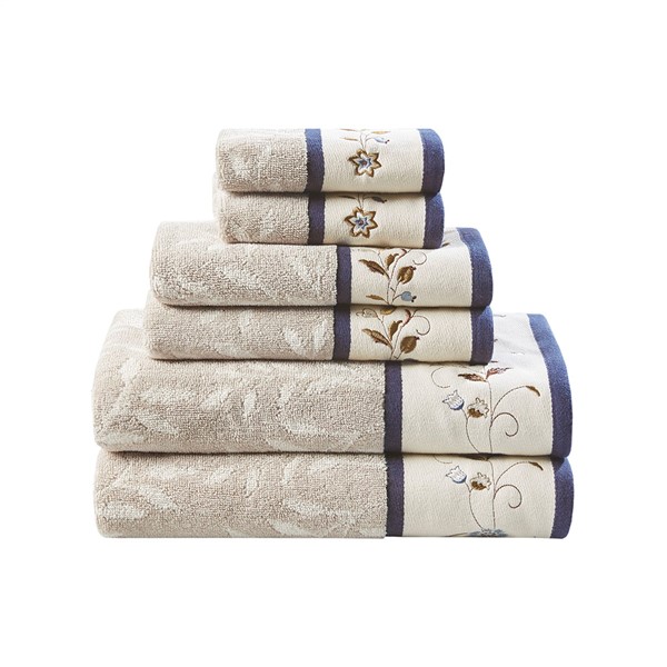 Madison Park Serene Embroidered Cotton Jacquard 6 Piece Towel Set in Navy MP73-7820