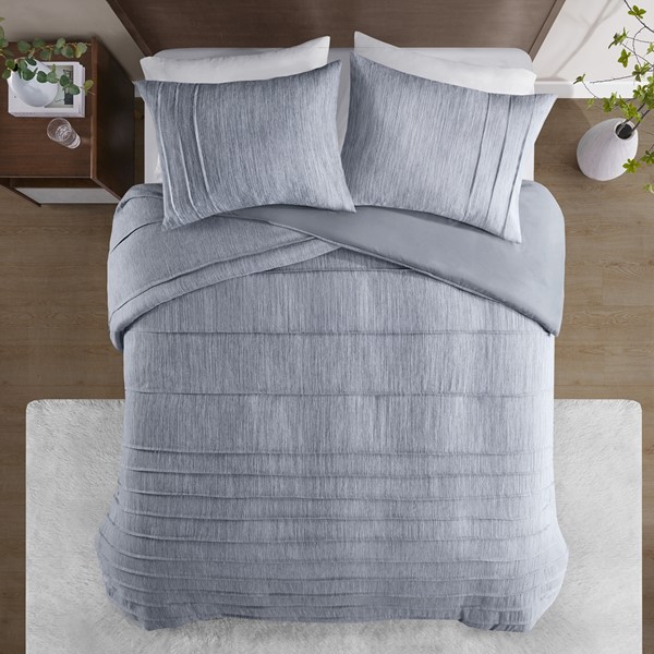 Beautyrest Maddox Striated Cationic Dyed Oversized Duvet Cover Set with Pleats in Blue, King/Cal King BR12-3867