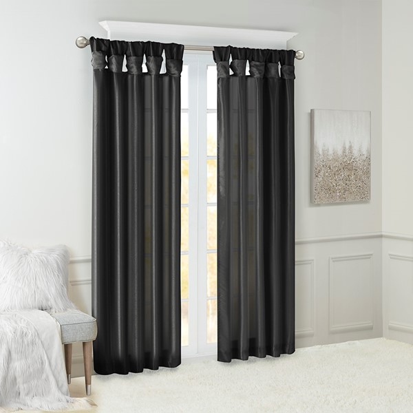 Madison Park Emilia 100% Polyester Solid Faux Silk Lined Twist Tab Window Curtain in Black, 50x95" MP40-8330