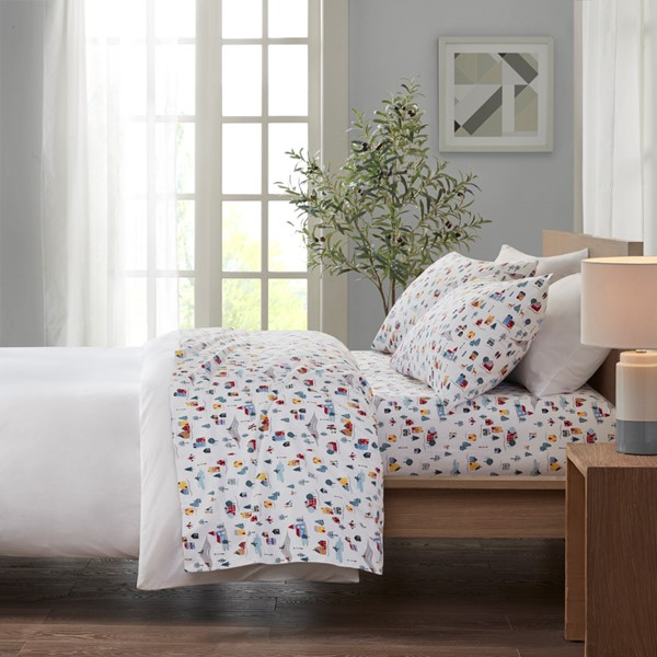 True North by Sleep Philosophy Cozy Cotton Flannel Printed Sheet Set in White Village Print, Cal King TN20-0568