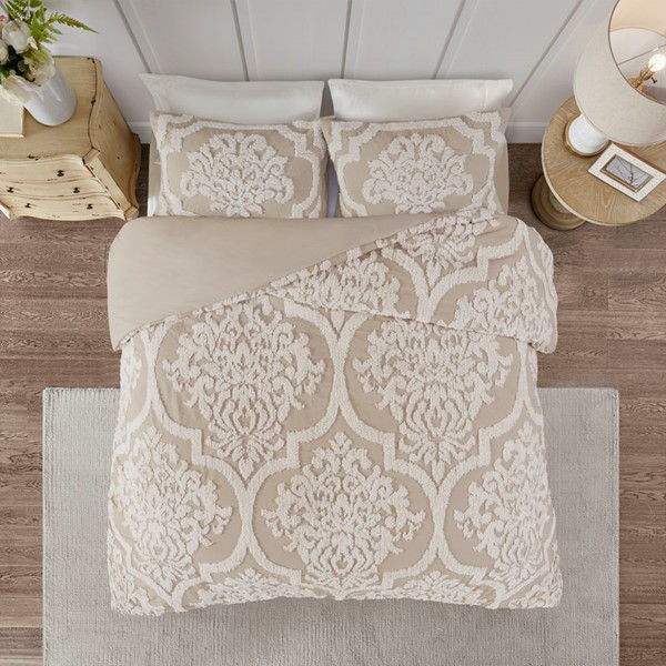 Madison Park Viola 3 Piece Tufted Cotton Chenille Damask Duvet Cover Set in Taupe, King/Cal King MP12-7105