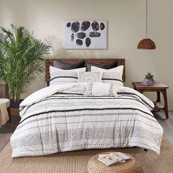 INK+IVY Nea Cotton Printed Duvet Cover Set with Trims in Black/White, King/Cal King II12-1133