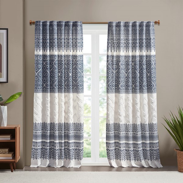 INK+IVY Mila Cotton Printed Curtain Panel with Chenille detail and Lining in Navy, 50x84" II40-1182