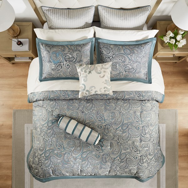 Madison Park Aubrey 12 Piece Comforter Set with Cotton Bed Sheets in Teal, Cal King MP10-8313